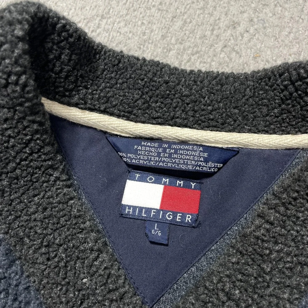 VTG Tommy Hilfiger Sweater Mens Large Blue Fleece V Neck Pullover Heavyweight